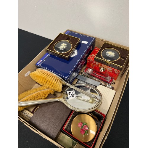 286 - Box collectables, cuff links, silver plate brush & mirror set, cameo, compacts etc