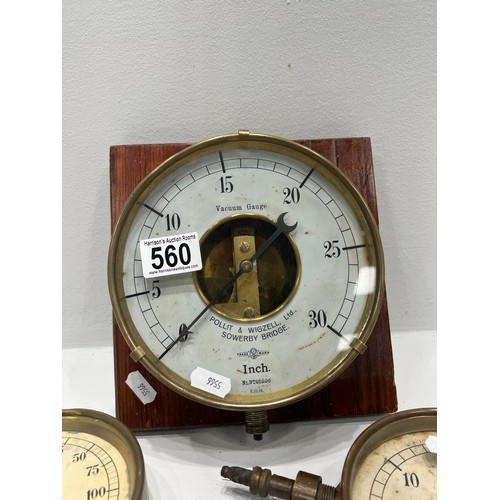 560 - Brass vacum gauge salvaged from air pump 1909 steam engine + 2 other gauges