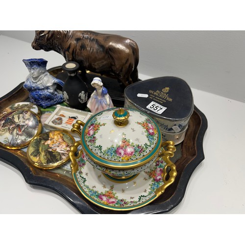 557 - Large tray collectables royal Worcester ramikins, doulton figure sylvac decanted lids trya not inc