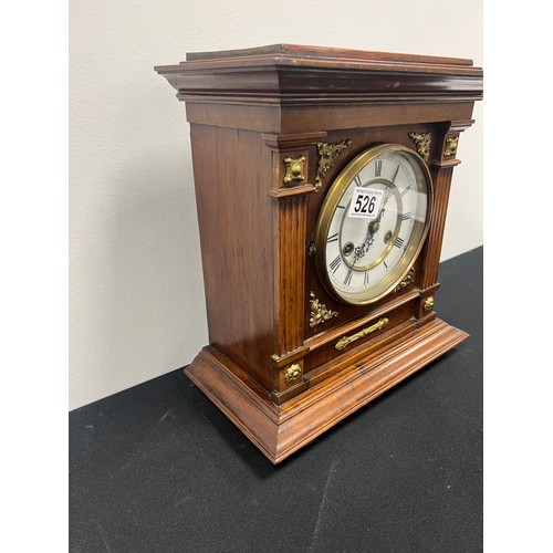 526 - German oak cased mantle clock with key &  pendulum working