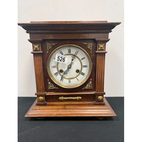 526 - German oak cased mantle clock with key &  pendulum working