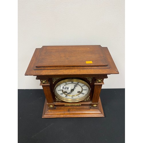 526 - German oak cased mantle clock with key &  pendulum working