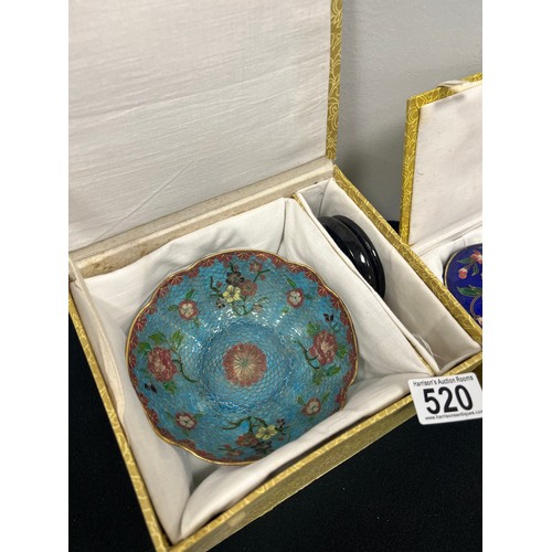 520 - Chinese 20th century plique-a-jour enamel bowl with stand + cloisonne box & cover both boxed