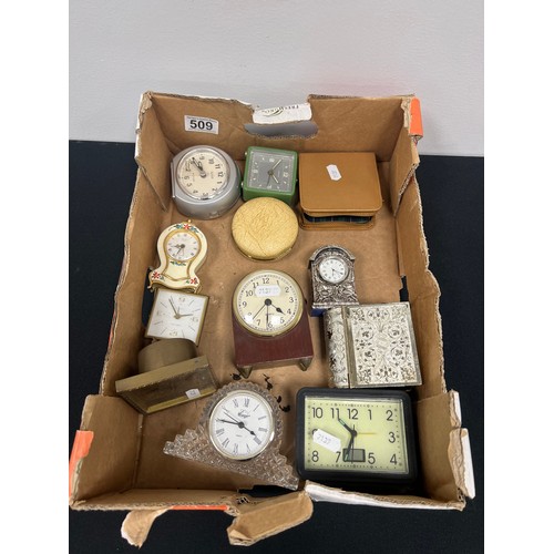 509 - Box assorted clocks, travel, bedroom etc