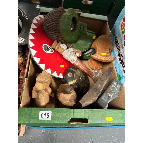 615 - 2 Boxes wooden ware figures masks etc