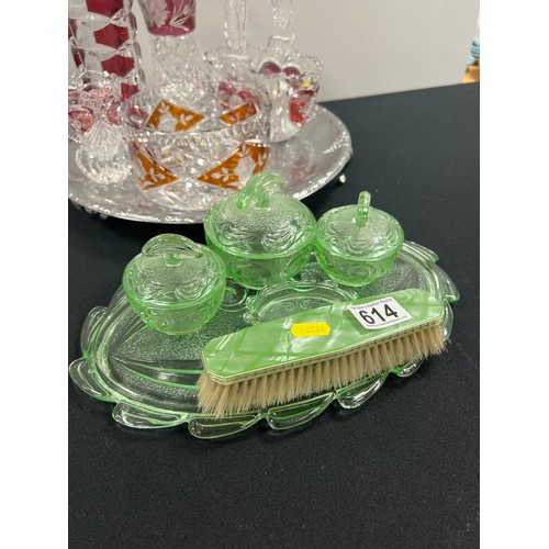 614 - Tray cut glass + green glass dressing table set tray not inc