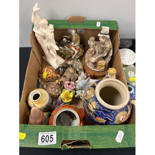 605 - Box figures/ oriental vase etc + box lidded trinket boxes