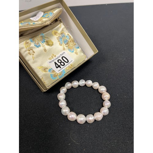 480 - Honora ming pearl bracelet in silk purse boxed