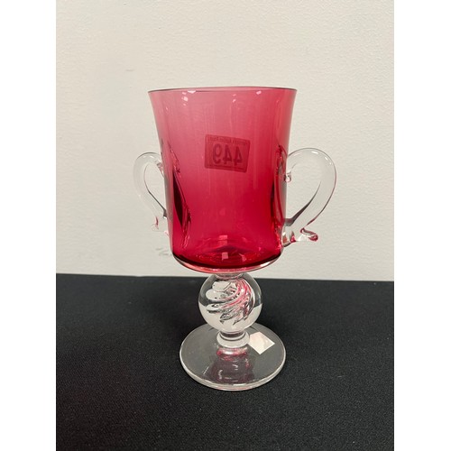 449 - Vintage cranberry glass 2 handles vase