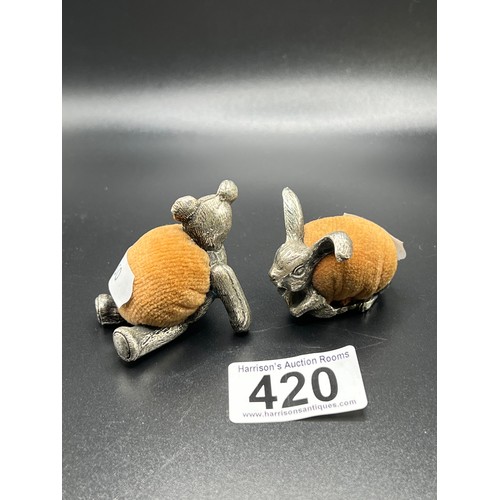 420 - Rabbit & teddy white metal vintage pin cushions