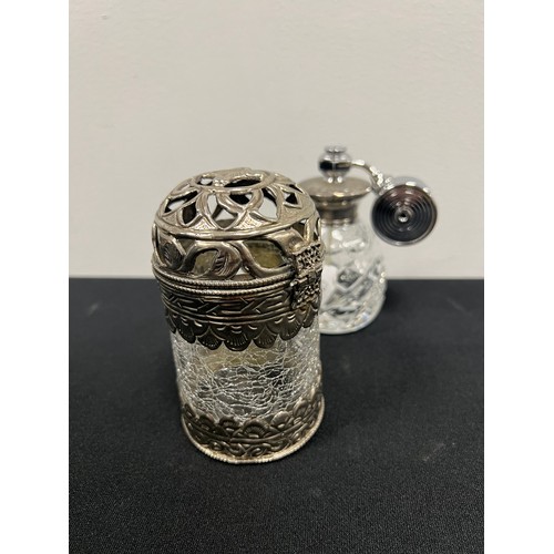 415 - Silver topped cut glass perfume bottle + white metal/ crackle glass lidded pot