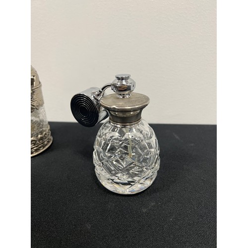 415 - Silver topped cut glass perfume bottle + white metal/ crackle glass lidded pot