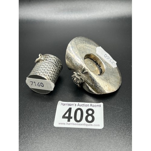 408 - Silver hallmarked thimble holder + pewter hat pin cushion