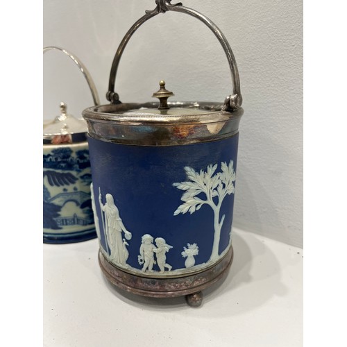 578 - Blue Wedgwood biscuit barrel & cover + blue/white ironston biscuit barrel & cover