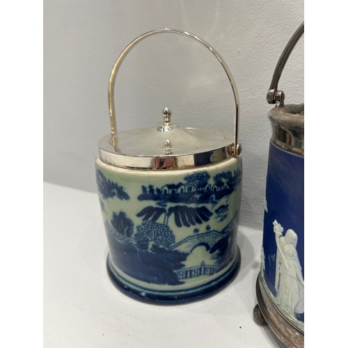 578 - Blue Wedgwood biscuit barrel & cover + blue/white ironston biscuit barrel & cover