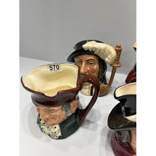 570 - 3 Royal doulton toby jugs + 1 tony wood jug