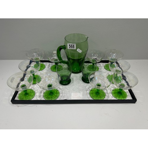 568 - Green glass jug & glasses tray not inc