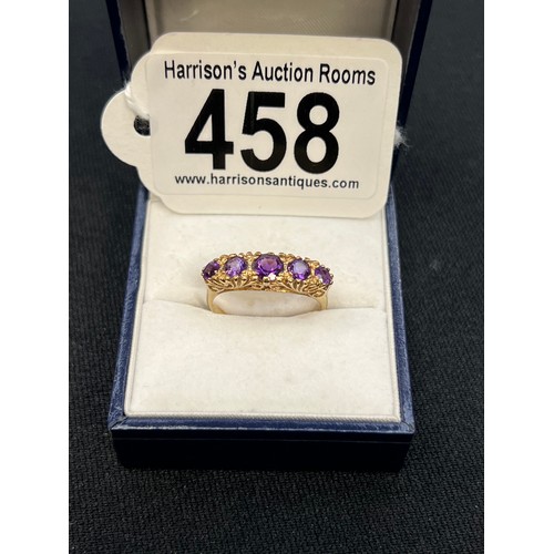 458 - 9ct Gold amethyst 5 stone ring size P/Q 2.8g gross