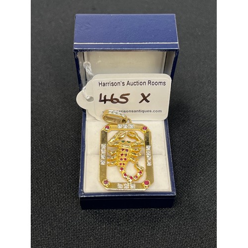 465X - 18ct Gold scorpion pendant having diamonds, emarlads, rubys 15.55g gross