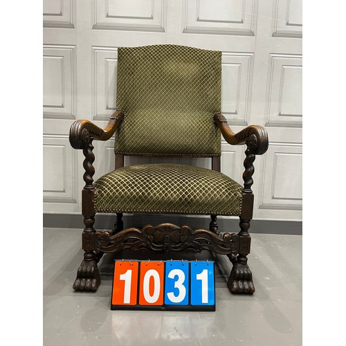 1031 - Early 20th century oak barley twist throne chair on paw feet