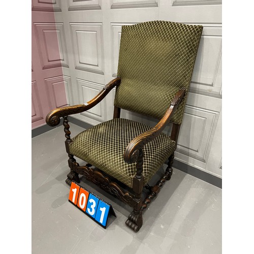 1031 - Early 20th century oak barley twist throne chair on paw feet