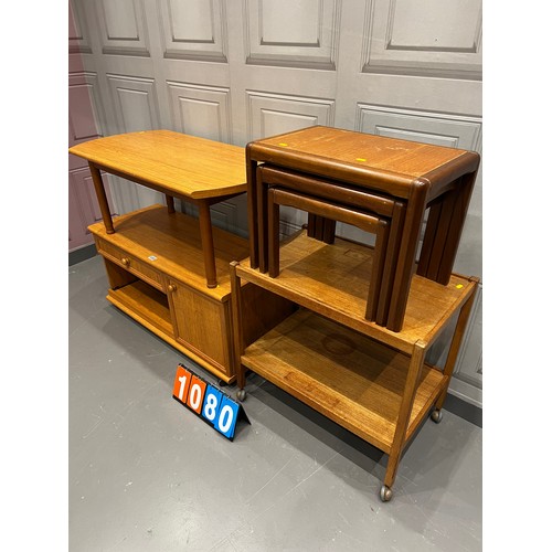 1080 - Dealers delight- cabinet teak coffee table, trolley & nest