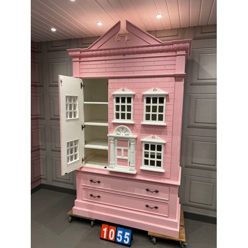 1055 - Large pink london house style dollshouse wardrobe/cupboard with drawers 52