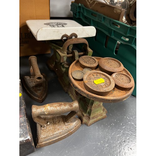 6 - Quantity vintage items scales weights,flat irons,wood planes