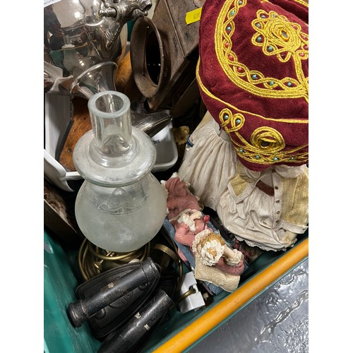 7 - Box vintage items samovar, figures,flat iron glass etc