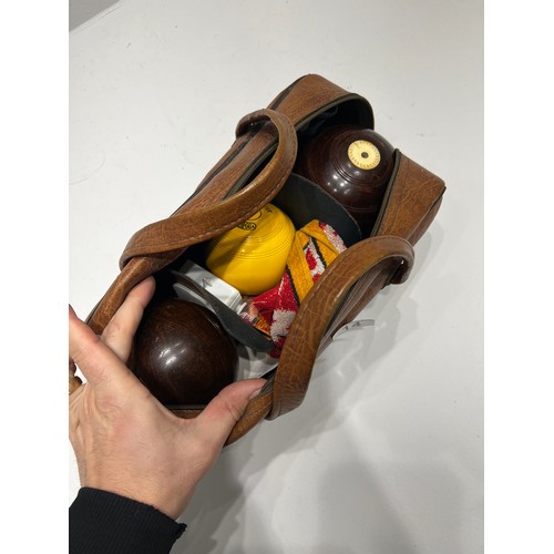 14 - Vintage wooden green bowling balls in bag