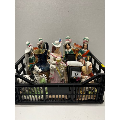 18 - Basket vintage flat back figures inc doulton Lambeth jug etc