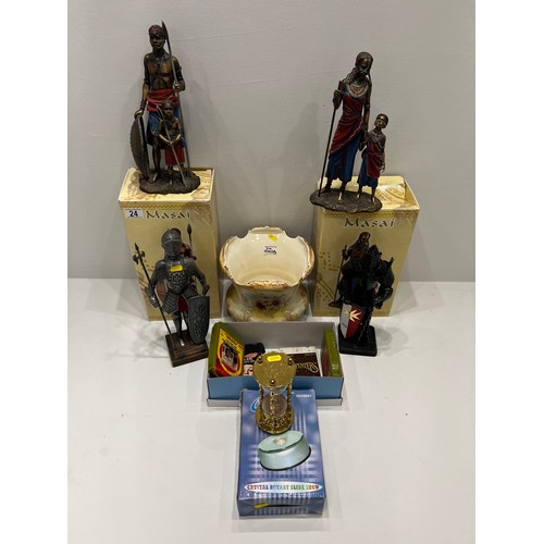 24 - Masai figures boxed,soldiers, hour glass sand timer, 8 track car cassette tapes bowl.