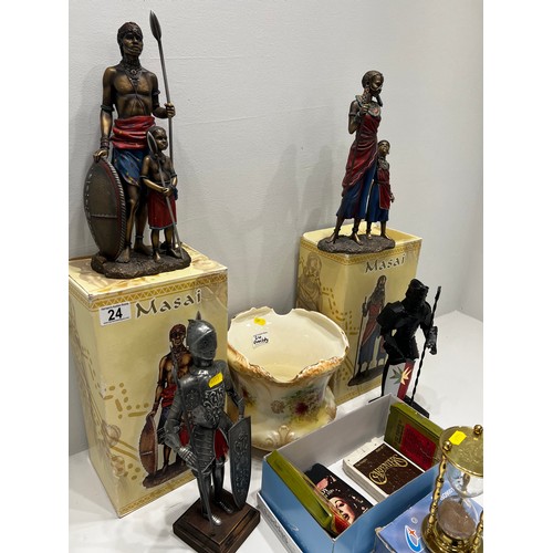 24 - Masai figures boxed,soldiers, hour glass sand timer, 8 track car cassette tapes bowl.