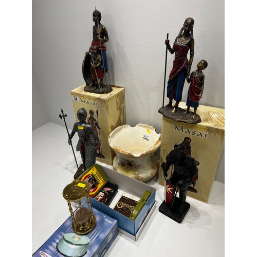 24 - Masai figures boxed,soldiers, hour glass sand timer, 8 track car cassette tapes bowl.