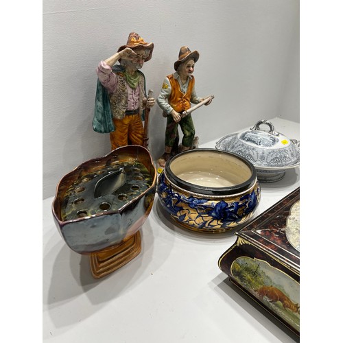 28 - 2 vintage bowls & vintage tureen 2 figures & vintage sweet tin