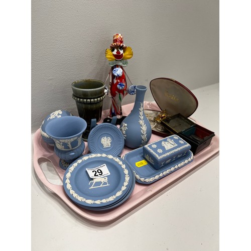 29 - Tray Wedgwood blue ornaments inc glass clown Irish vase costume jewellery in case and coins. Tray no... 