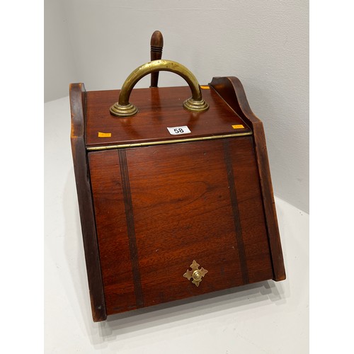 58 - Vintage mahogany and brass coal scuttle with shovel