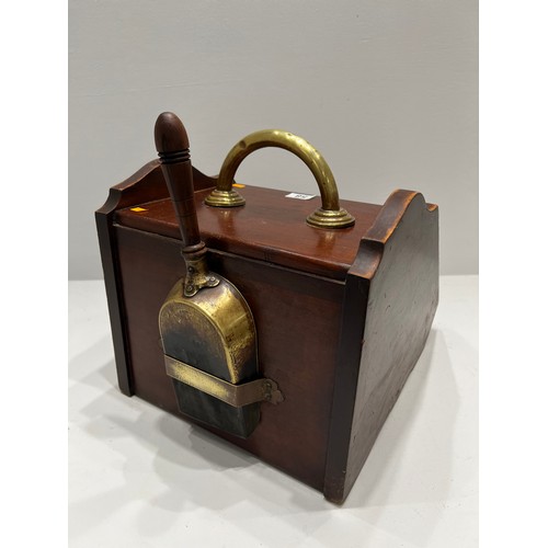 58 - Vintage mahogany and brass coal scuttle with shovel