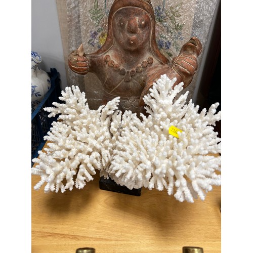 63 - Coral sculpture, terracotta figure, 3 embroidered unframed pictures