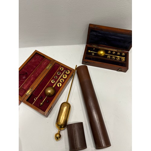 73 - 2 vintage boxed Hydrometers in wooden cases + Brass vintage Alfloc hydrometer in leather case