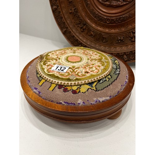 132 - Large wooden carved wall plaque + Vintage embroidered foot stool