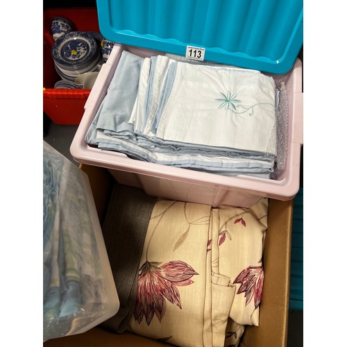 113 - Box good quality curtains + box unused single bedding + box unused double bedding