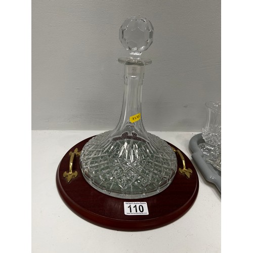 110 - Cut glass decanter on stand + tray cut glass, tray not inc