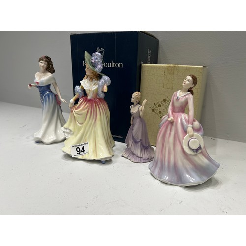 94 - 3 Royal Doulton figures + Coalport figure, 2 are boxed