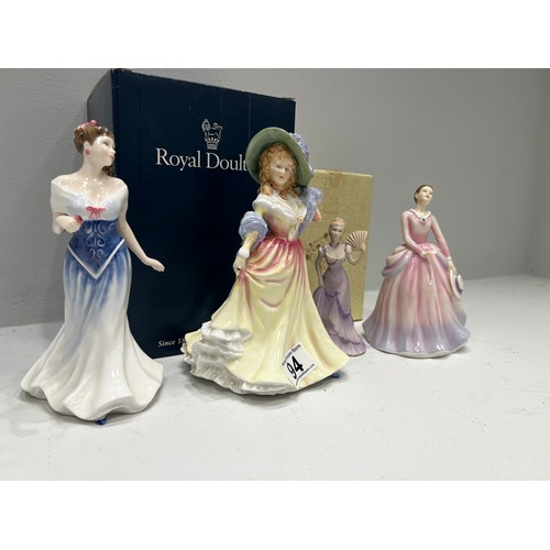 94 - 3 Royal Doulton figures + Coalport figure, 2 are boxed