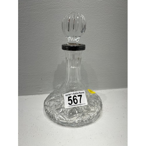 567 - Vintage silver rimmed cut glass mini decanter