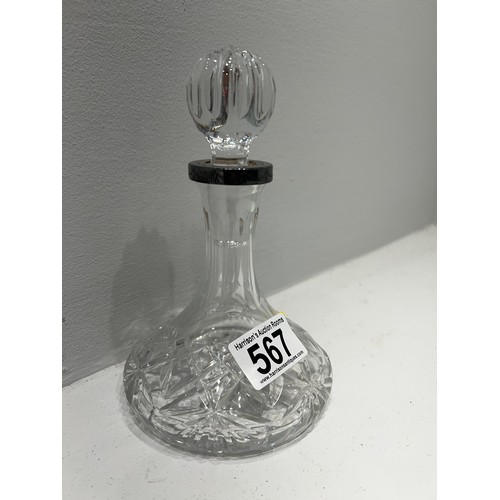 567 - Vintage silver rimmed cut glass mini decanter