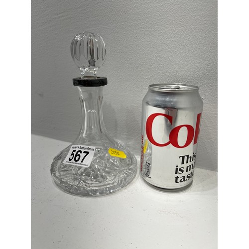 567 - Vintage silver rimmed cut glass mini decanter