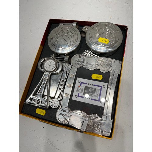 471 - Tray Pewter Items picture frame,lidded pots etc