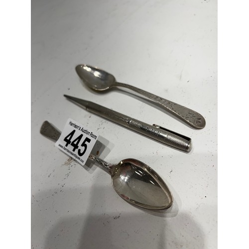 445 - Pair Early Silver Spoons + Silver Retractable Pencil